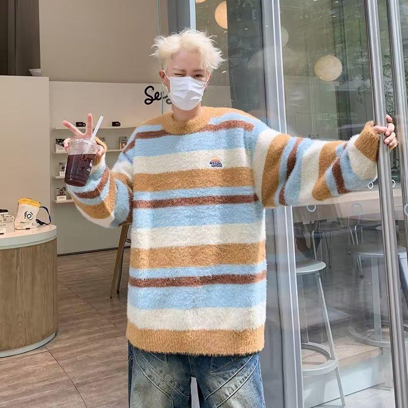 Comfortable Striped Crew Neck Sweater Men's Autumn and Winter Mink Hair Loose Versatile Lazy Wind Couple Warm Knitted Thread