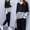 Women's Loose Fit Two-piece Suit Three Quarter Sleeve Color Block Top Elastic Waist Ankle Pants Casual Matching Set