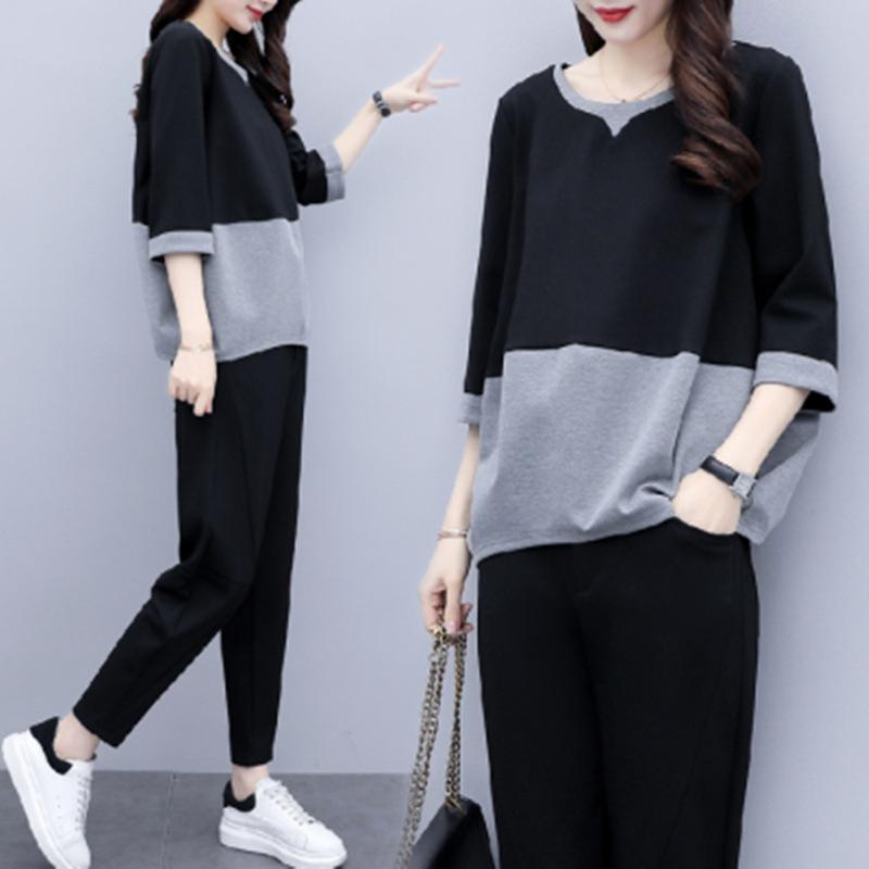 Women's Loose Fit Two-piece Suit Three Quarter Sleeve Color Block Top Elastic Waist Ankle Pants Casual Matching Set
