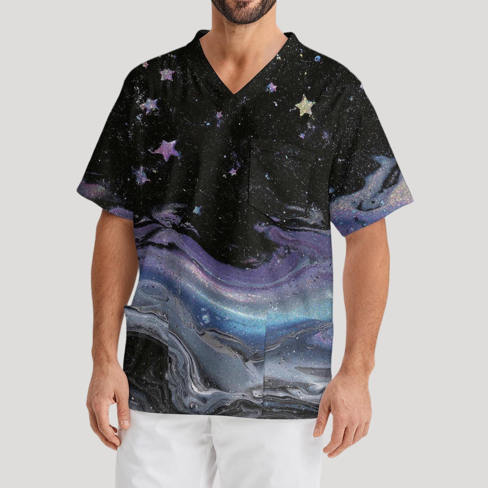 

Мужская рабочая блузка с короткими рукавами и v-образным вырезом с принтом, топ с нагрудным карманом XL фиолетовый