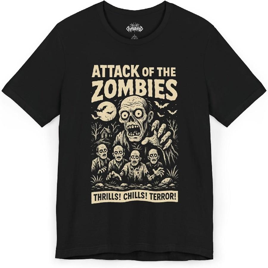 Attack of The Zombies T-Shirt Retro Horror Movie Poster Tee Undead Thriller Shirt for Men and Women Fans S