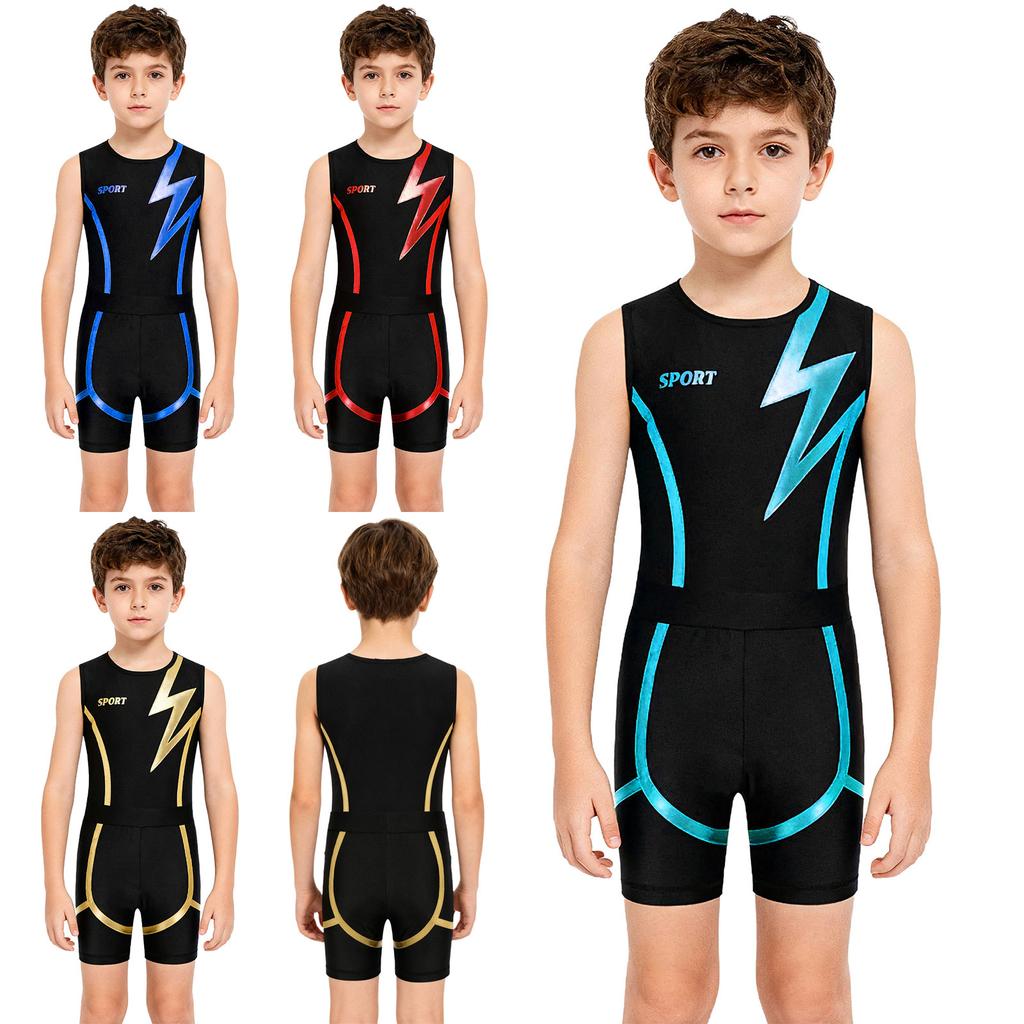 Boys Shiny Contrast Leotard Sleeveless Press Button Crotch Shorts Gymnastics Outfit