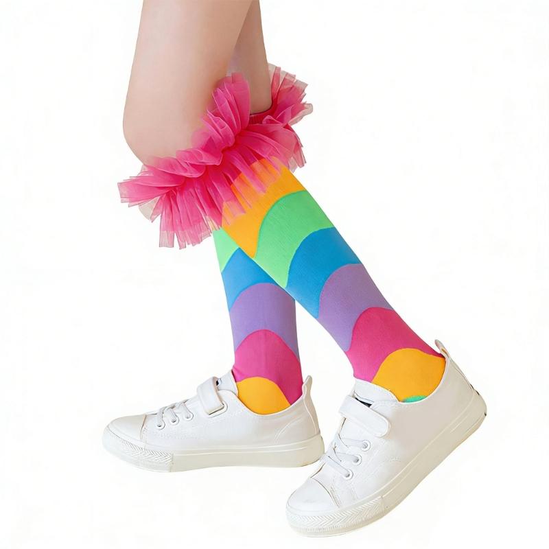 

Kids Socks With Colorful Rainbow Colors & Large Lace Trim Comfort Elastic Stay Up Designs Children Socks