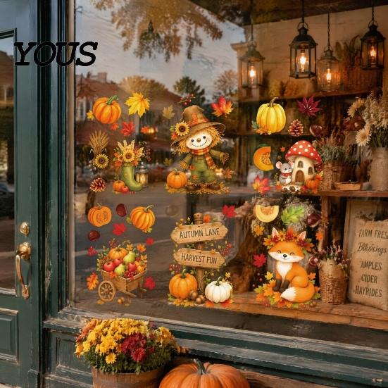 Holiday Window Decals for Glass 6 Sheets Autumn Harvest Stickers, Thanksgiving Cartoon Static Cling Decorations with Fall Art Pumpkins Maple