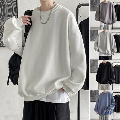 Men Fall Winter Sweatshirt Loose Solid Color Round Neck Long Sleeve Thick Warm Soft Unisex Casual Simple Style Couple Top