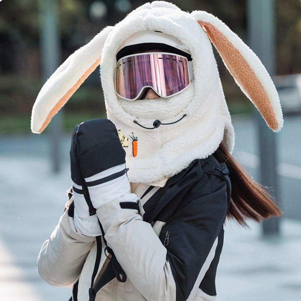 Drawstring Masks Hood Beanies Cartoon Fleece Pullover Cap Rabbit Ear Balaclava Hat  Girls
