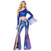 Women Disco Dance Outfit Cold Shoulder Long Sleeve Tassel Sequined Crop Top Metallic Shiny Flared Pants