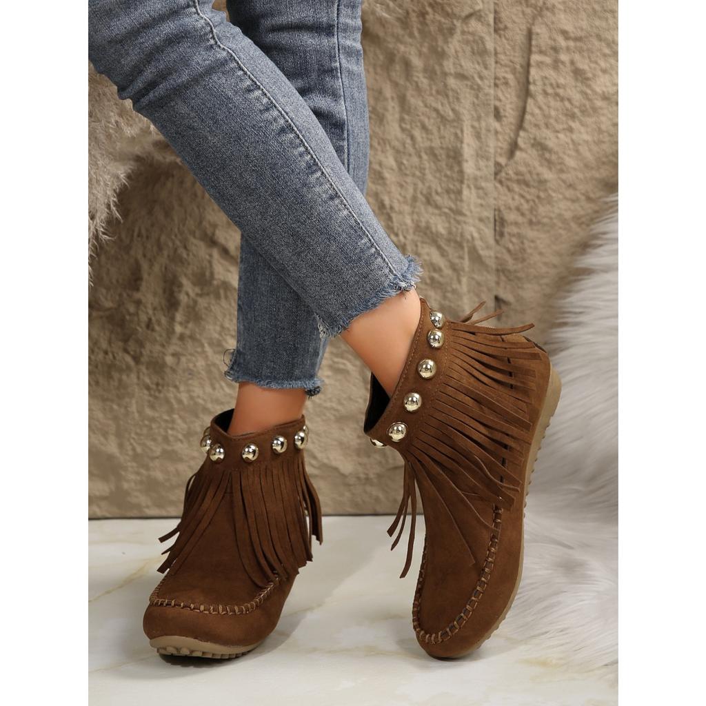 Women's Boots, Fringed Boots, Women's Shoes, Flat Shoes, Round Toe Shoes, Short Boots, Frosted, Suede, Boots