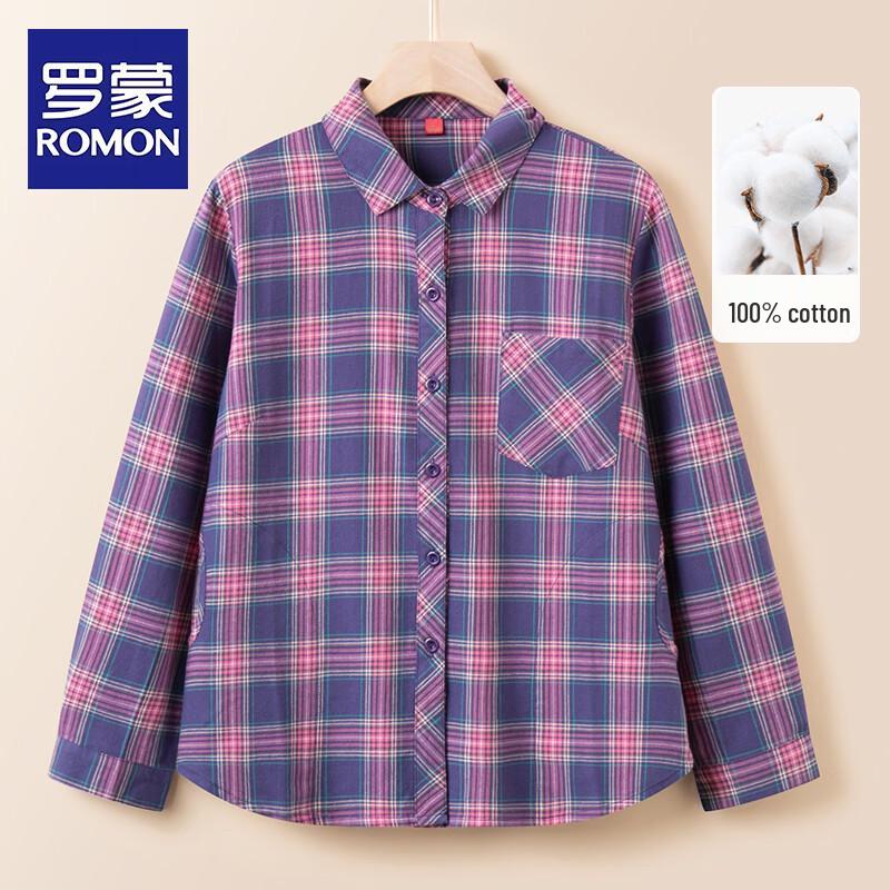 ROMON Women s Plaid Pure Cotton Long-Sleeve Shirt XL