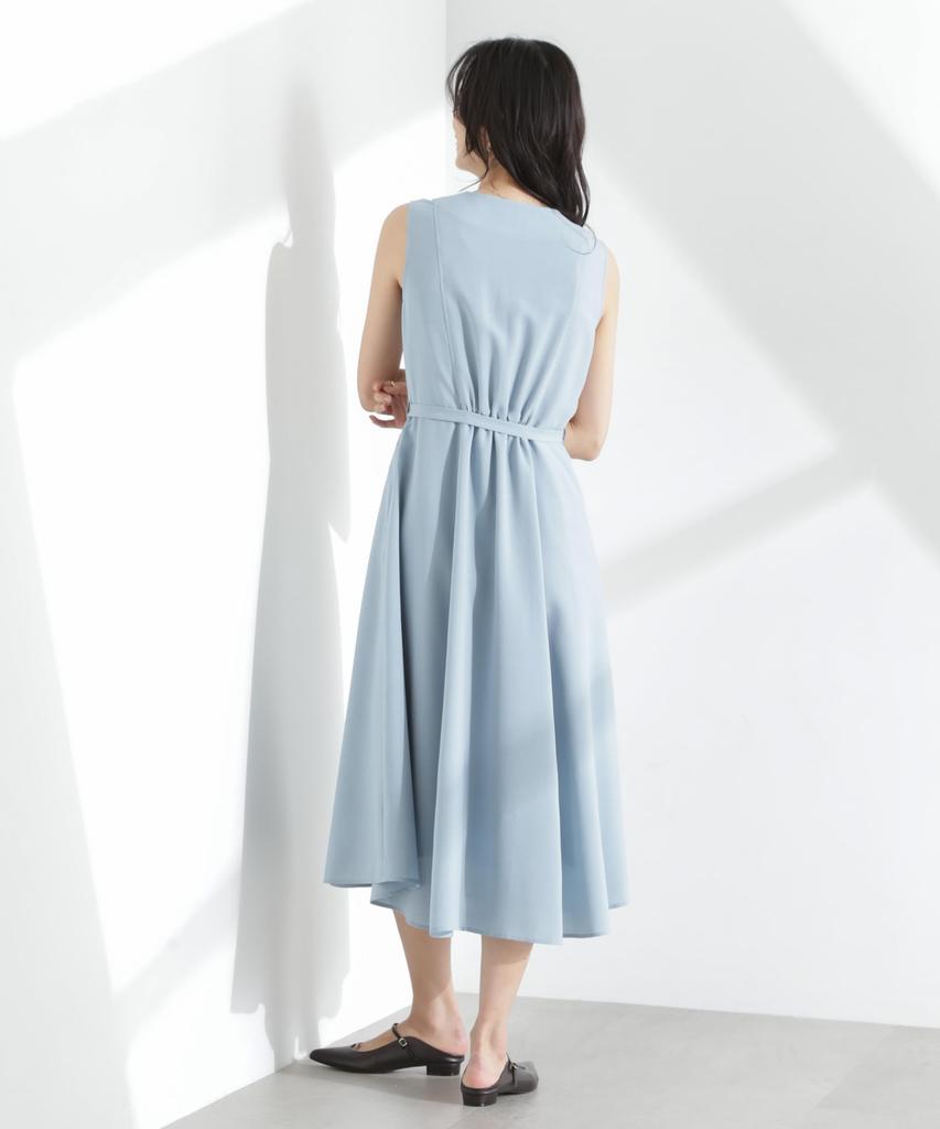 Nano Universe Melange Dry Belted Size M Blue V-Neck Dress, Women's, (111cm), (Product Code 669-5119305)