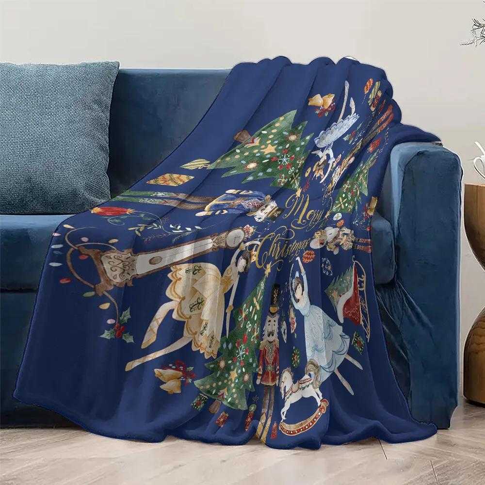 Navy Blue Christmas Fleece Blanket with Gold Lettering, Nutcracker Ballet Dancer Design, Classic Holiday Throw for Sofa Decor
