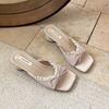 Fashion Women's Footwear Butterfly-knot Square Toe Women Slippers Elegant Thick Heel Slides Ladies Concise Beach Dress Sandalias Fashion
