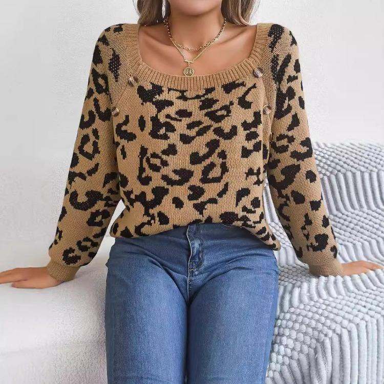 Vintage Leopard Color Cardigan Knitwear Long Sleeve Loose Sweater O Neck Top for Autumn Winter