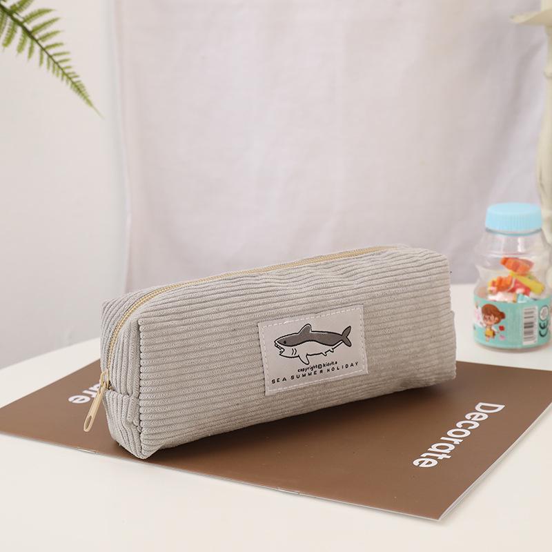 Stylish Shark Corduroy Pencil Case, Unisex Korean Design, Stain-Resistant, Large Capacity
