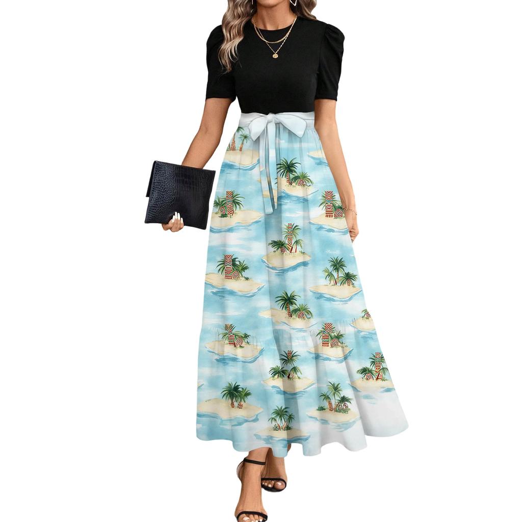 Short Sleeve Women's Dress Casual Flowy A-Line Midi Tshirt Dresses With Pockets Crewneck Vocation Boho Beach Sundress