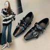 Fashion Retro Cross Belt Mary Jane Single Shoes Spring Autumn Women's Square Head Buckle Korean Low Heel Evening Leather Shoes