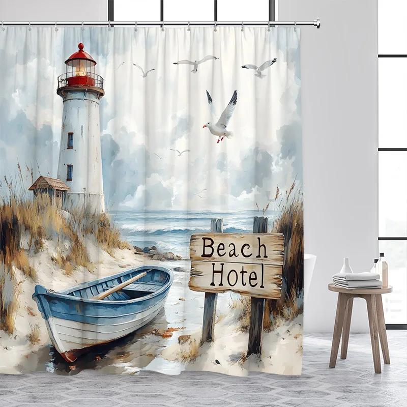 Blue Ocean Lighthouse Shower Curtains Vintage Boat Seagull Sea Waves Watercolour Art Modern Bathroom Curtain Decor With Hooks