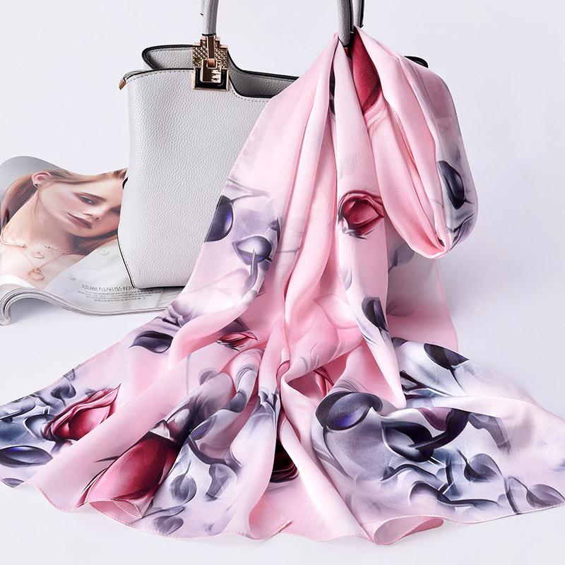 Women 100% Real Silk Long Scarf Luxury Flower Print Chinese Silk Headband Scarves  Natural Silk Shawls Wraps Foulard Femme