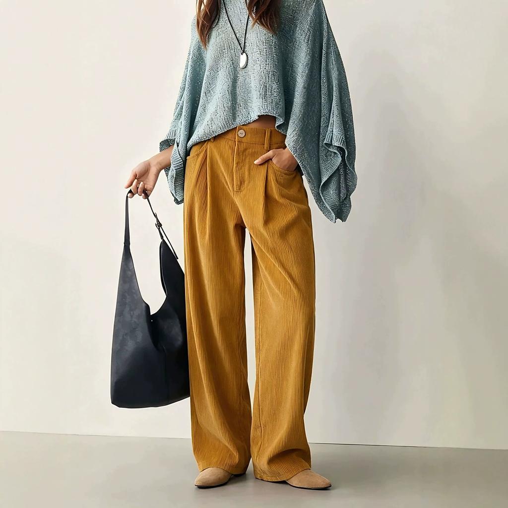 Women Corduroy High Waist Wide Leg Pants Casual Loose Fit Solid Color Trousers with Pockets