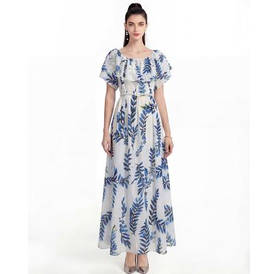 2026 Summer Holiday Gorgeous Beaded Chiffon Long Dress Women Sexy Off Shoulder Butterfly Sleeve Leaf Print Boho Maxi Dress