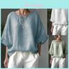Camicia da donna in cotone e lino, vestibilità larga, con scollo rotondo e maniche corte, per un look casual primaverile