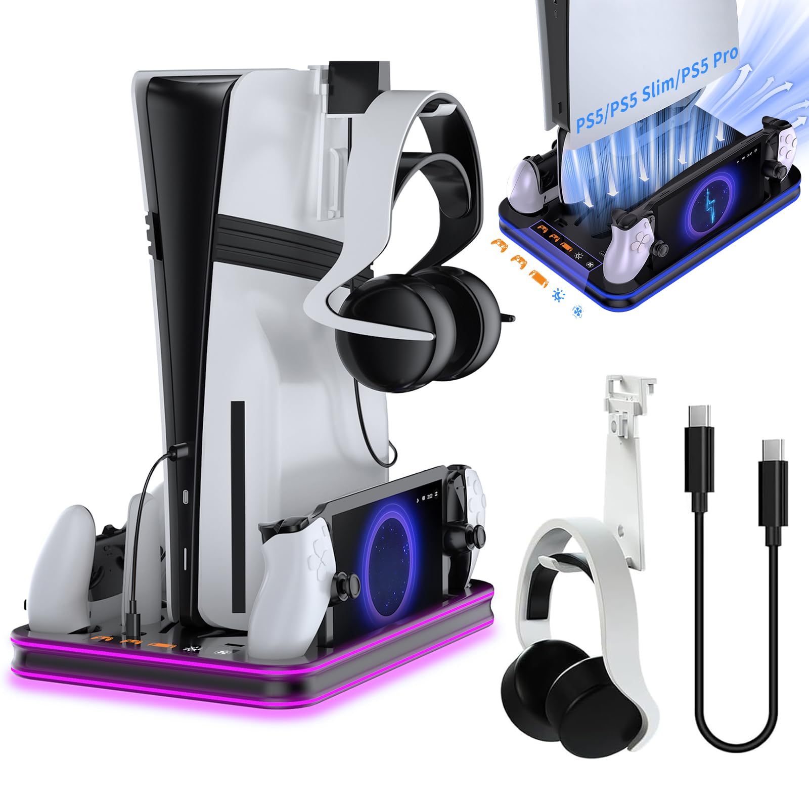 

Stand for PS5 Slim in 2024 PS5 pro new cooling fan charging charging charging indicator charges PS5 hand and PS Portal handheld wind speed 5 types of чорний