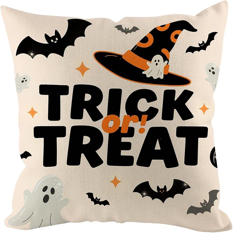 Halloween Throw Pillow Cover with Cat, Skull & Ghost Patterns - "Trick or Treat" Decor for Sofa