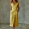 European and American solid color sleeveless dress women's summer lapel breasted breathable waist temperament dress
