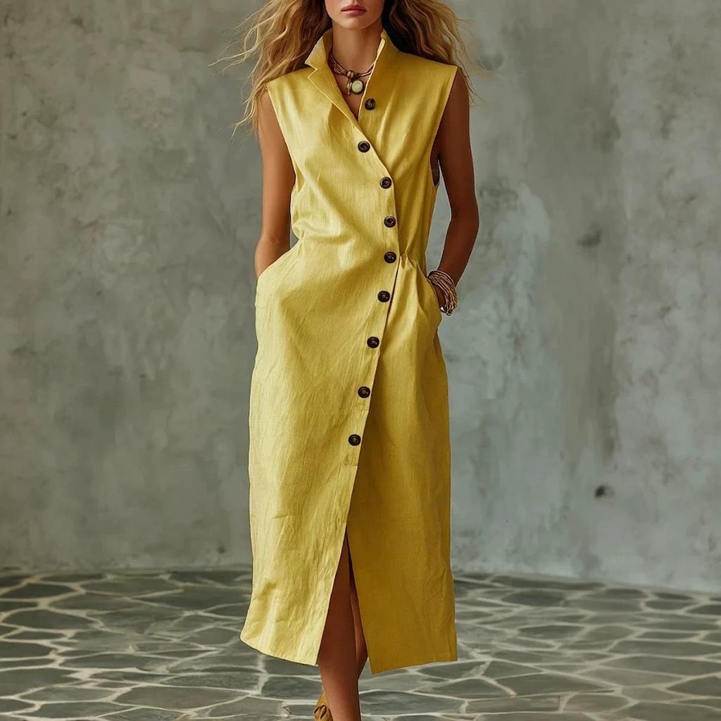 European and American solid color sleeveless dress women's summer lapel breasted breathable waist temperament dress