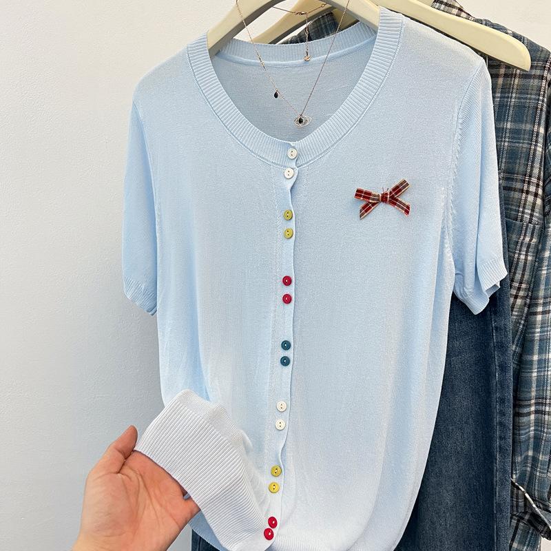 

Summer Color Breasted Knitted Cardigan Bow Women one size fits all синий