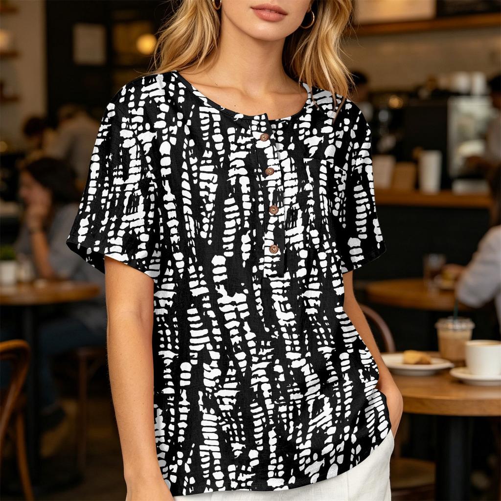 Camicia Casual da Donna con Stampa, Collo Henley, Manica Corta, Cotone e Lino, Tasca Frontale e Bottone, Vestibilità Rilassata