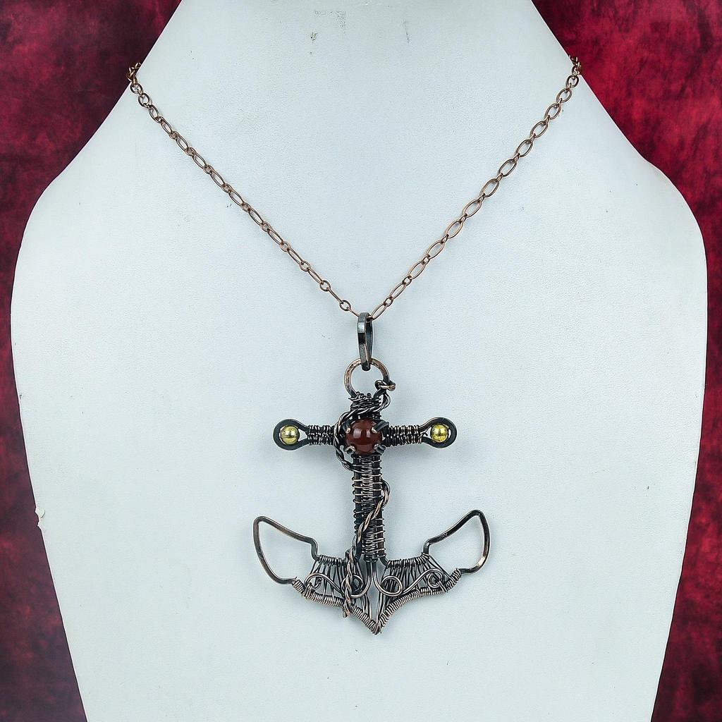 Carnelian Pendant Copper Wire Wrapped Handmade Jewelry Anchor Gemstone Pendant