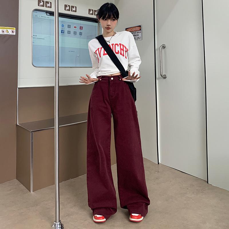 American retro wide-leg pants spring black and gray loose drape floor mopping high-waisted straight jeans women's high street