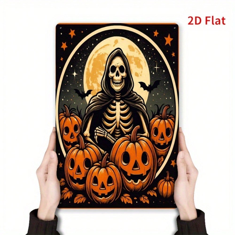 2D Flat Metal Pumpkin Skull Wall Art, Vintage Iron Skeleton In Hood Sign, Halloween Decor 12x8 Inch For Home Office