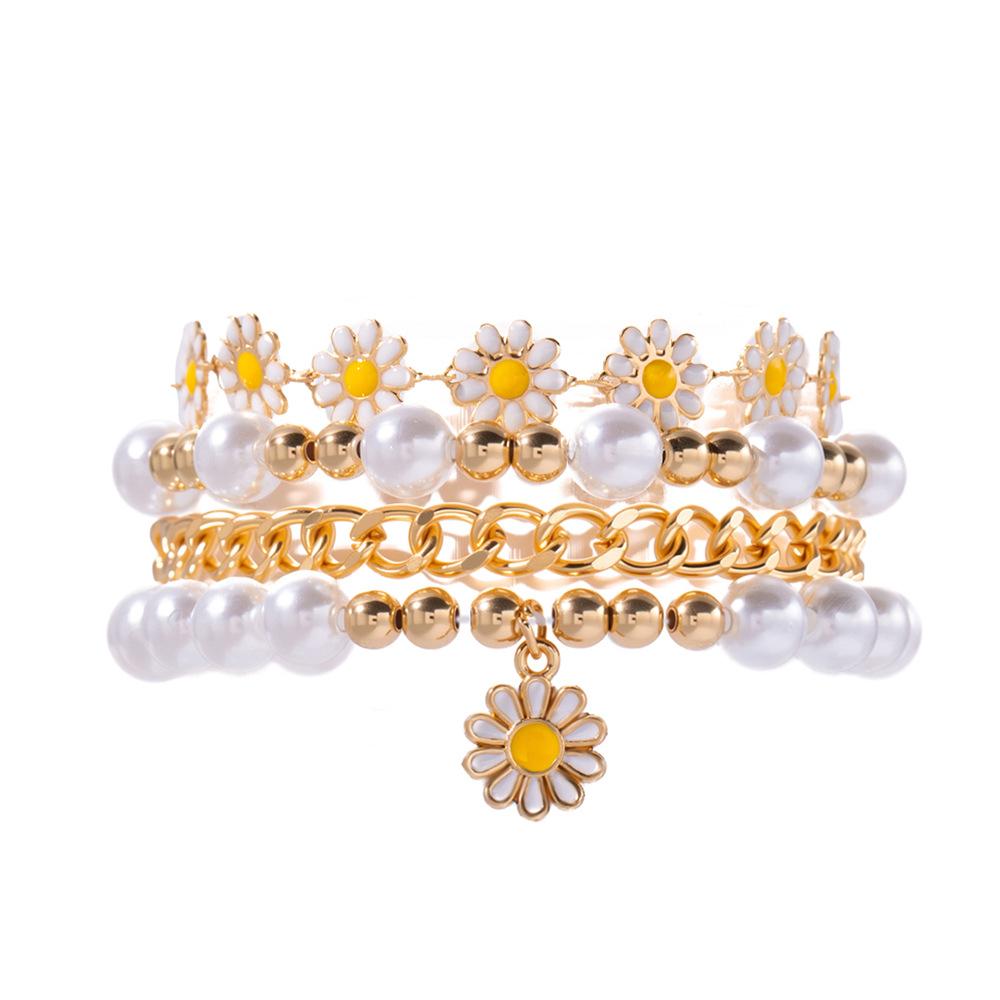 European and American summer vacation wind flower bracelet set Bohemian beach wind daisy pearl bracelet