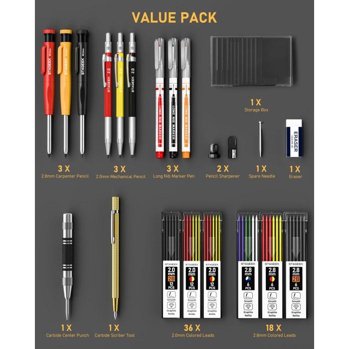 STAGEEK Drafting Pencils 22-Piece Set 2.8mm Carpenter Sharp Pencils Scriber Center Punch Marker Lead Refills (Red, Yellow, Black) - with