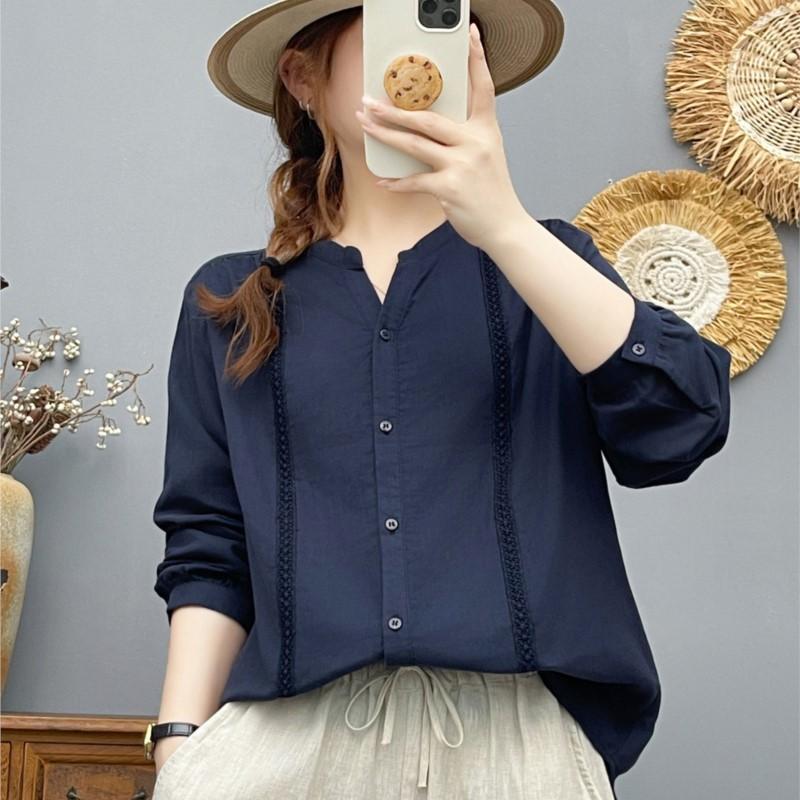 Women Cotton Yarn Soft Shirts Long Sleeve V Neck Blouses White Blue Patchwork Office Lady Tops Casual Female Clothes