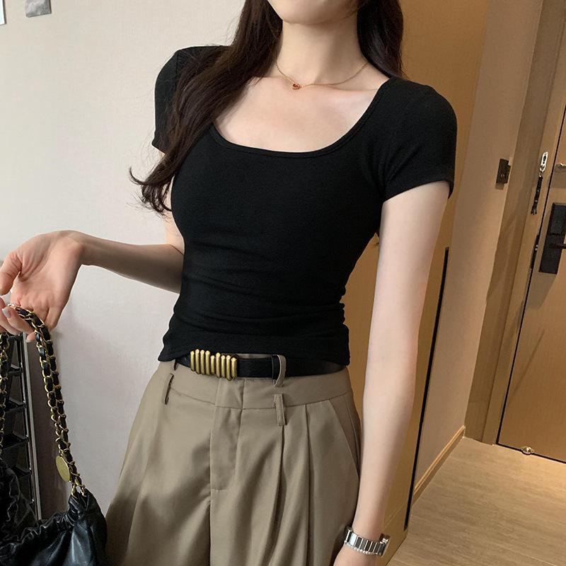 

Spicy Girl Sexy Square Neck Short Sleeve Top with Chest Pad - Summer 2026 Style Extra Large чёрный