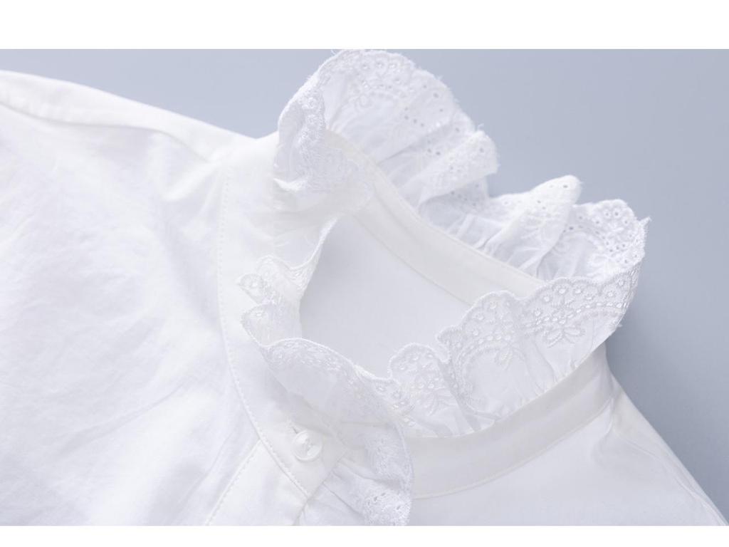 100% Cotton Romantic Lace Floral Stand Collar Embroidered Hollow Out Shirt Top