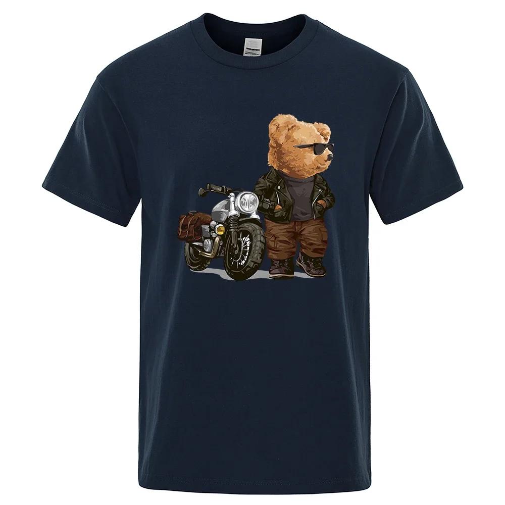 

Motorcycle Teddy Bear Wearing Sunglasses T Shirt Men Women Funny Tee Clothing Cotton Oversized Tops Hip Hop Loose Casual T-Shirt XXXXXL темно-синього кольору