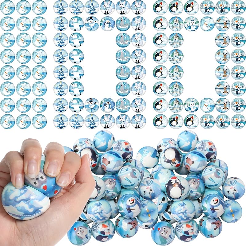 Liliful 60 Pcs Bulk Winter Stress Ball Snowman Penguin Stress Toys 12 Patterns Cute Sensory Stress Relief Toys Winter Holiday Party Favors Bag Filler