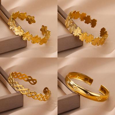 Stainless Steel Zircon Wide Bangles for Women Fashion Hollow Out Geometric Bracelets Wedding Party Aesthetic Jewelry Accessories