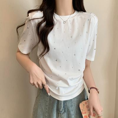 Elegante maglietta a maniche corte con diamante bianco per donna, top casual estivi