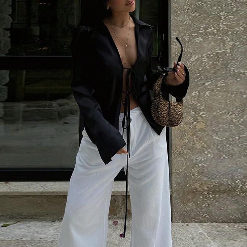 

VONDA Женские элегантные рубашки с глубоким V-образным вырезом и галстуком из однотонного атласа с длинным рукавом 3XL чёрный