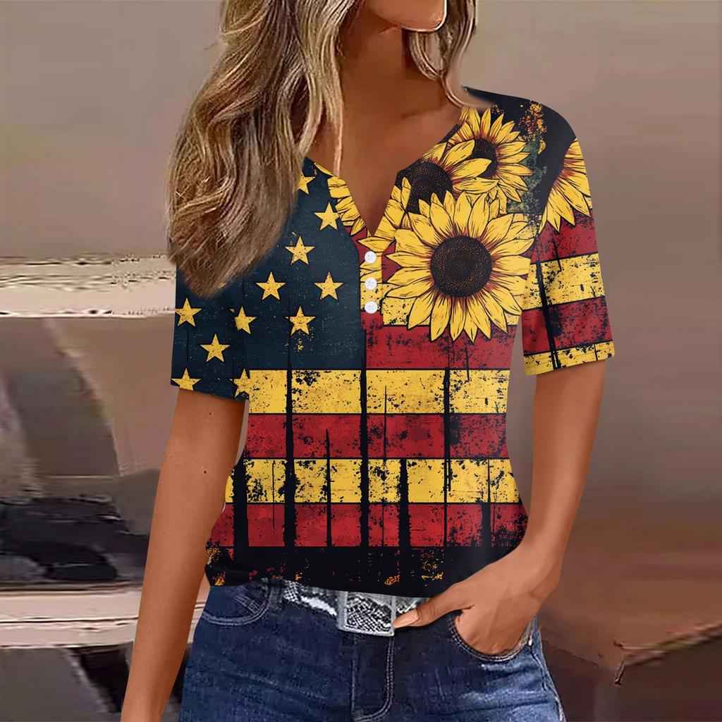 Women's T Shirt Tee Independence Day Printed Button Short Sleeve Tunic Daily Weekend Fashion Basic V- Neck Regular Top