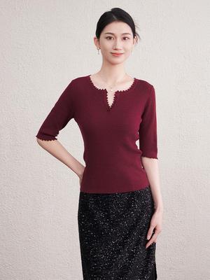 Nouveau Pull d'Automne Coupe Slim Col V Manches Cinq-Quarts Laine Crocheté à la Main