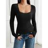 Spring/Summer Solid Color Top for Women Casual Slim Fit Ribbed U-Neck Lace Long-Sleeve T-Shirt