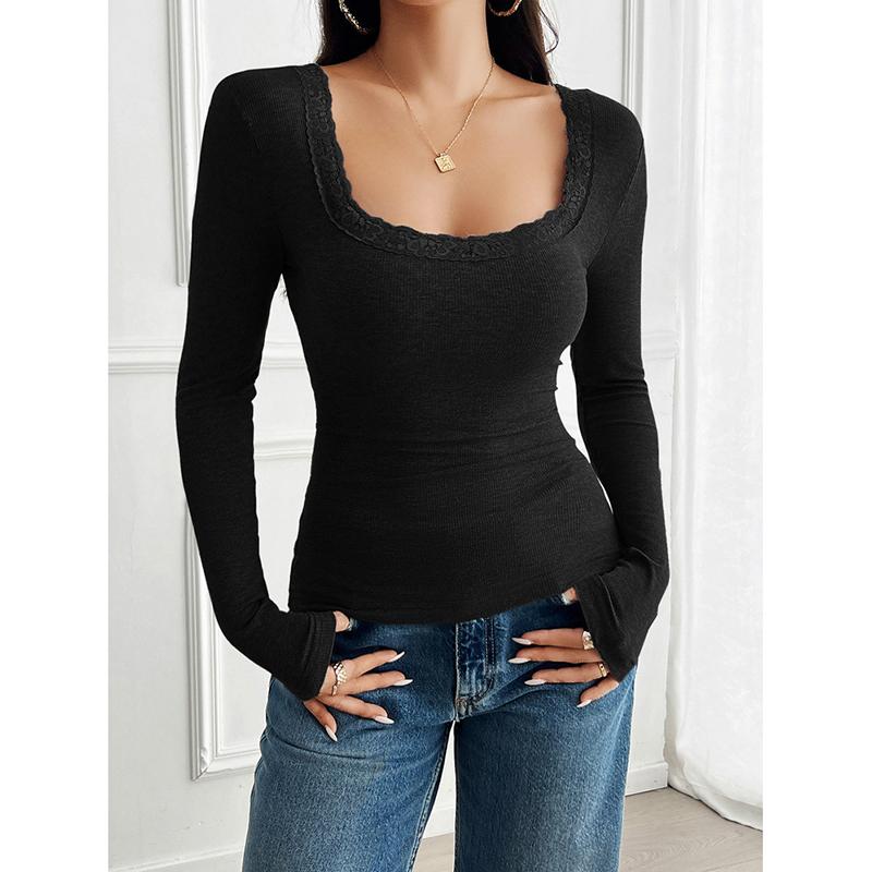 Spring/Summer Solid Color Top for Women Casual Slim Fit Ribbed U-Neck Lace Long-Sleeve T-Shirt