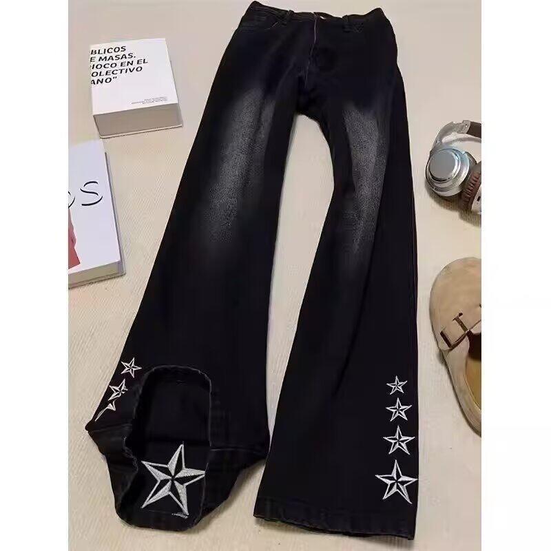 Summer American High Street Embroidery Star Jeans Men's Design Trendy Brand Fried Street Loose Straight Pants