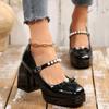2026 Fashion High-heeled sandals Block Heel Single Shoes Fashion Round Toe Shallow Mouth Pearl One Line Bow Platform Pump